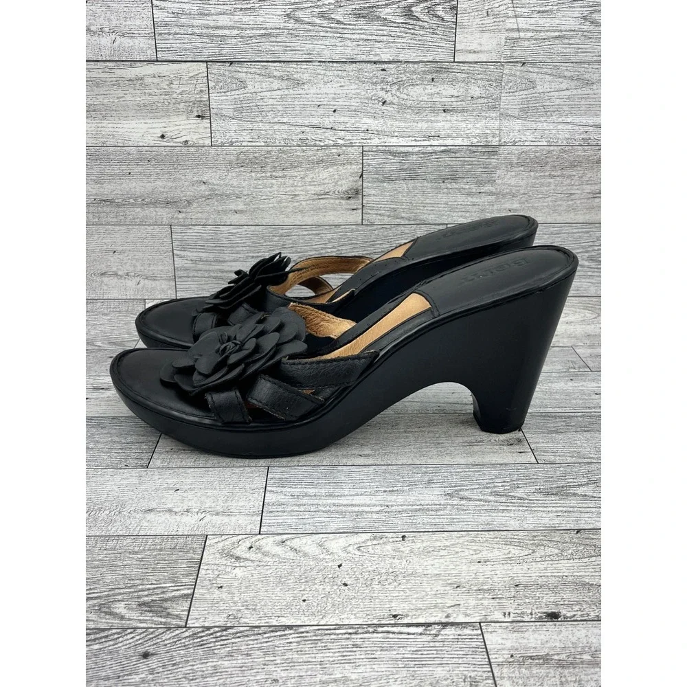 Born Black Leather Wedge Sandals Floral Rosette Slip On Mules Platform Women 10